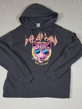 Def Leppard Hoodie Mens Medium Gray Pullover Rock Of Ages Leopard Graphic